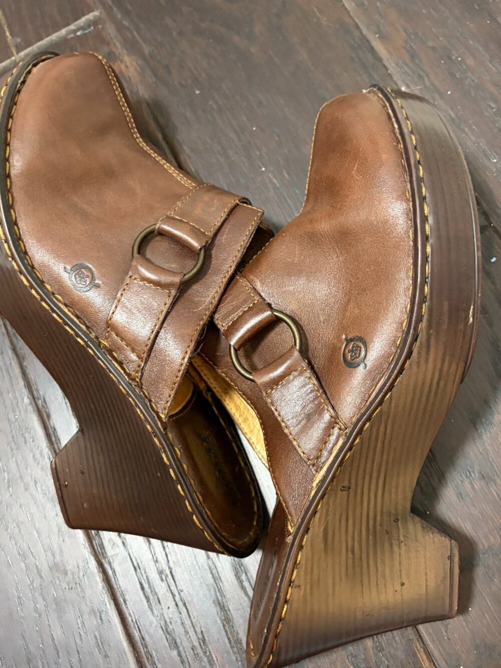 Børn Brown Leather Buckle Mule Clogs Chunky Heels Women's Size 9 / 40.5 Boho